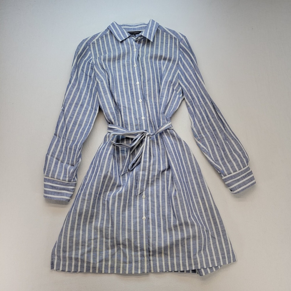 Brooks Brothers Shirt Dress‎ Women 10P Blue Stripe Linen Blend Belted Mini